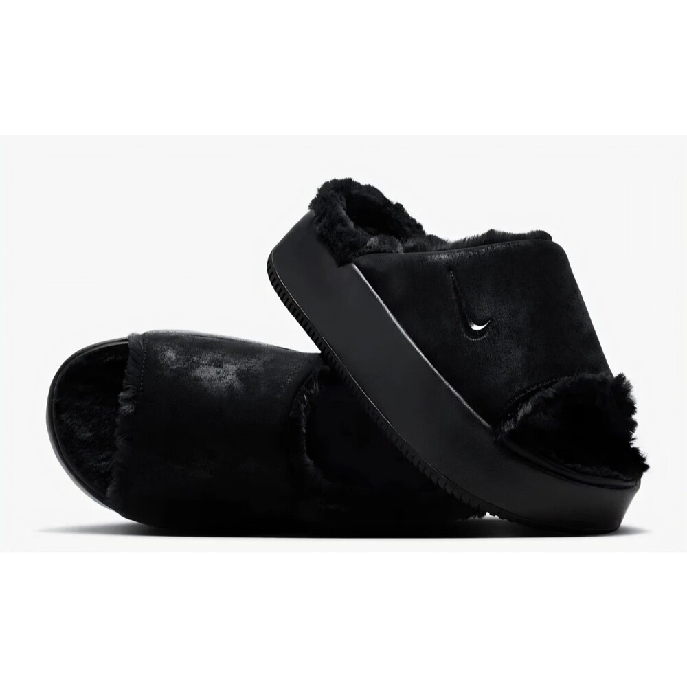 New MULE Nike Wmn's Calm Elevation Fur Slide 'Black' WOMENS IO0496-001 Size 10